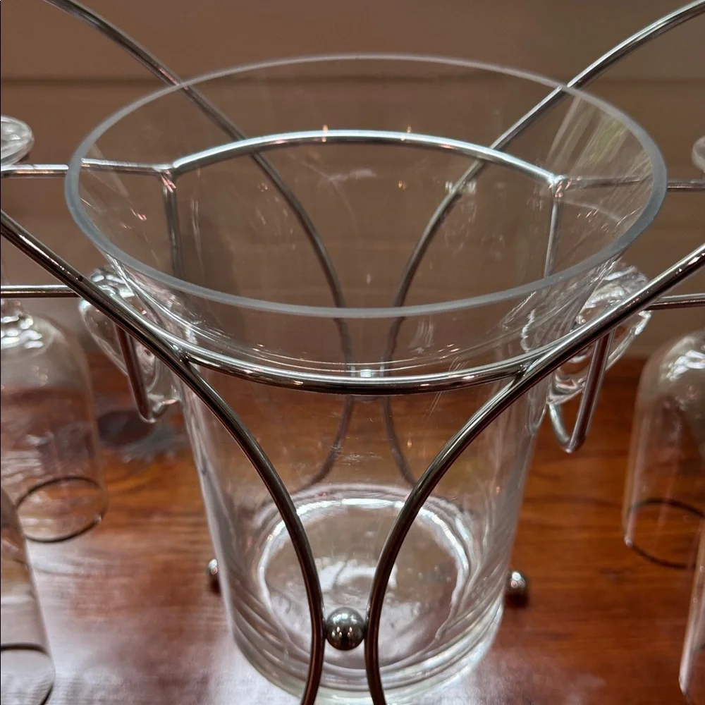 Vintage Glass Godinger Champs Ice Bucket and 4 Silver Rimed Champ Glasses